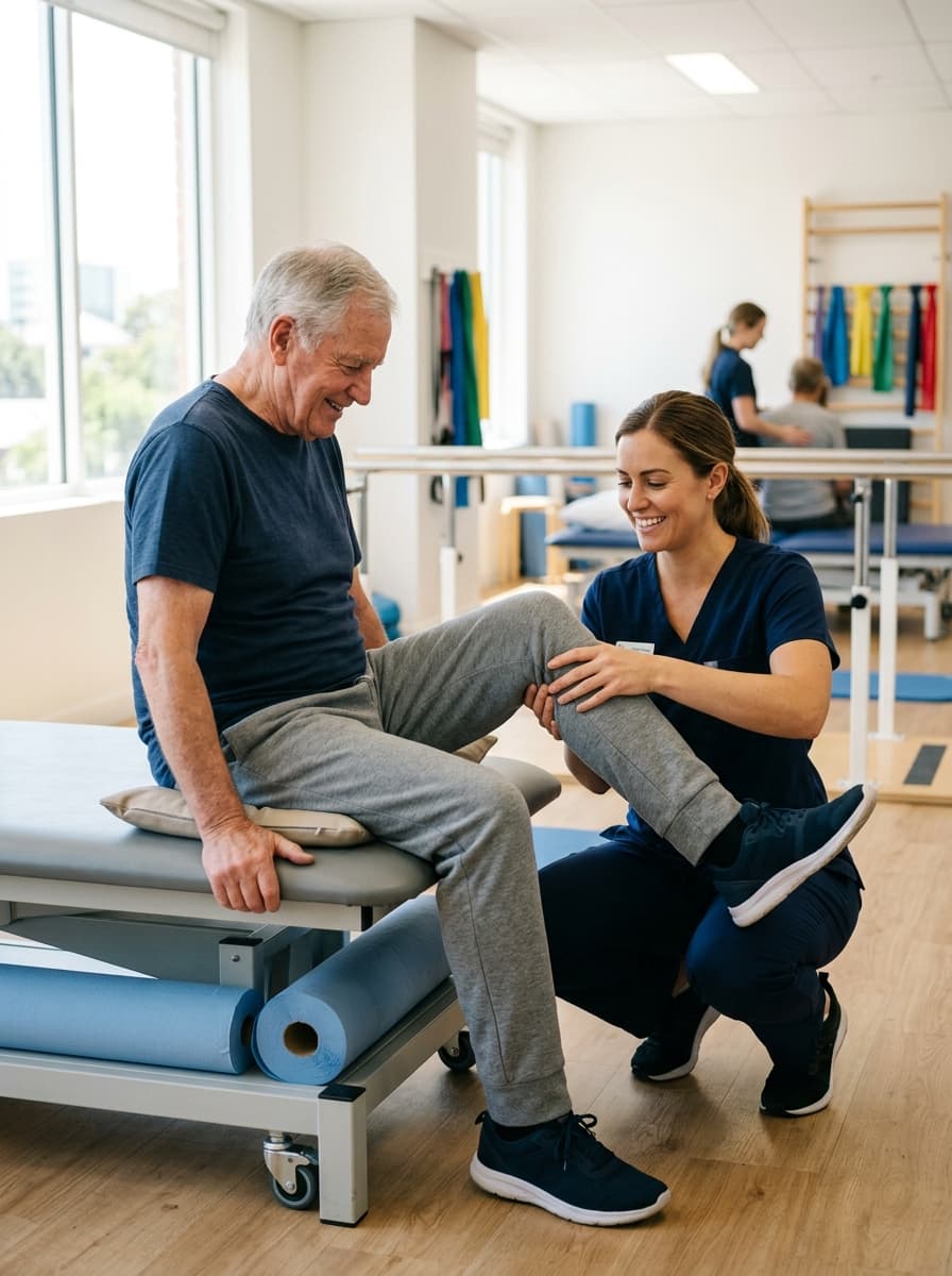 Physiotherapist supporting mobility exercise for an older patient at PhysioZen