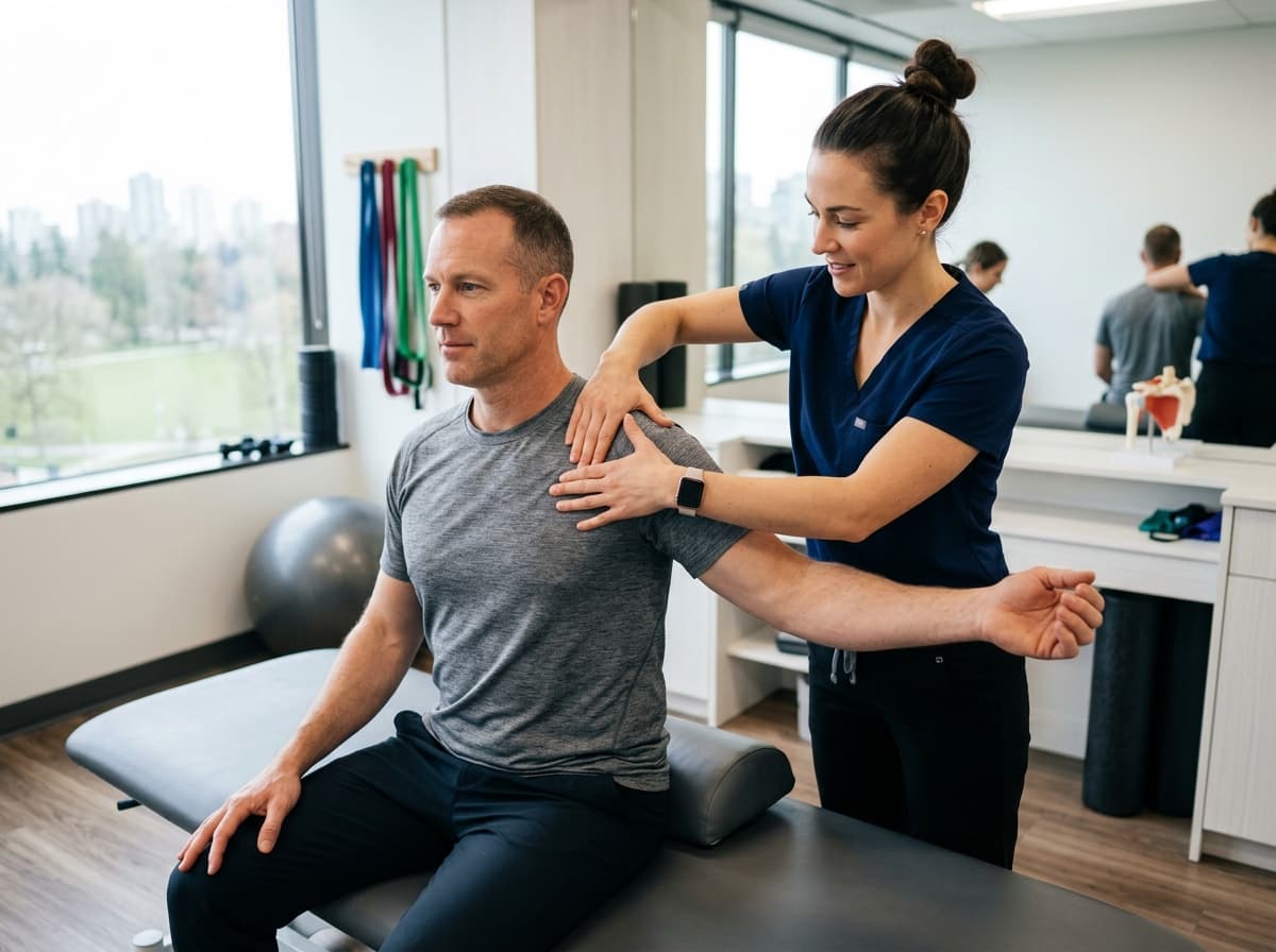 Physiotherapist performing shoulder mobility assessment at PhysioZen